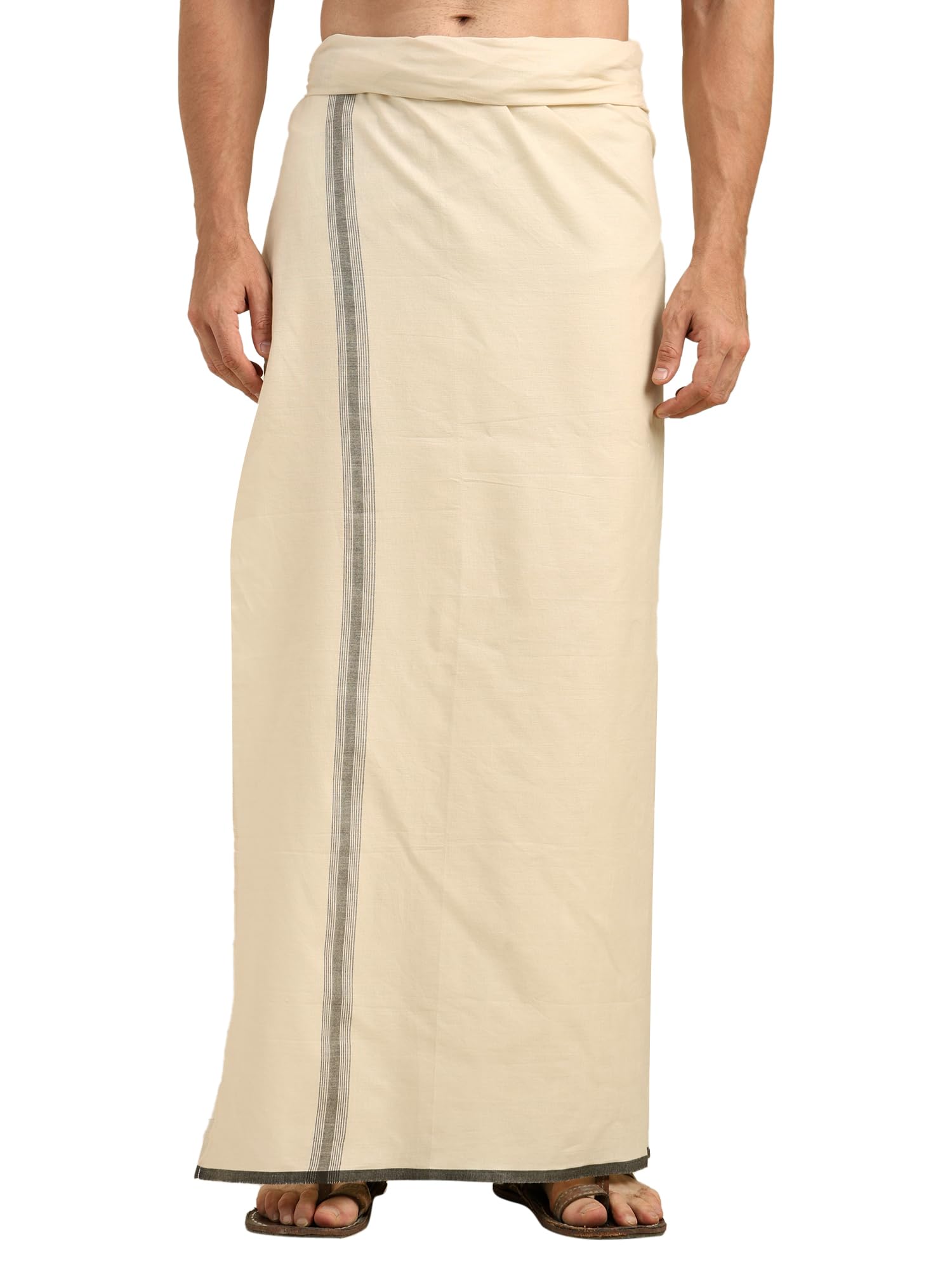 zoiora Premium Pure Cotton Chambray Lungi | Premium Ethnic Wear | Chambray Cream Lungi For Men | Hem-Stitched 100% Cotton Mundu | Single Dhoti | Pure Cotton Lungies For Men-picture-16
