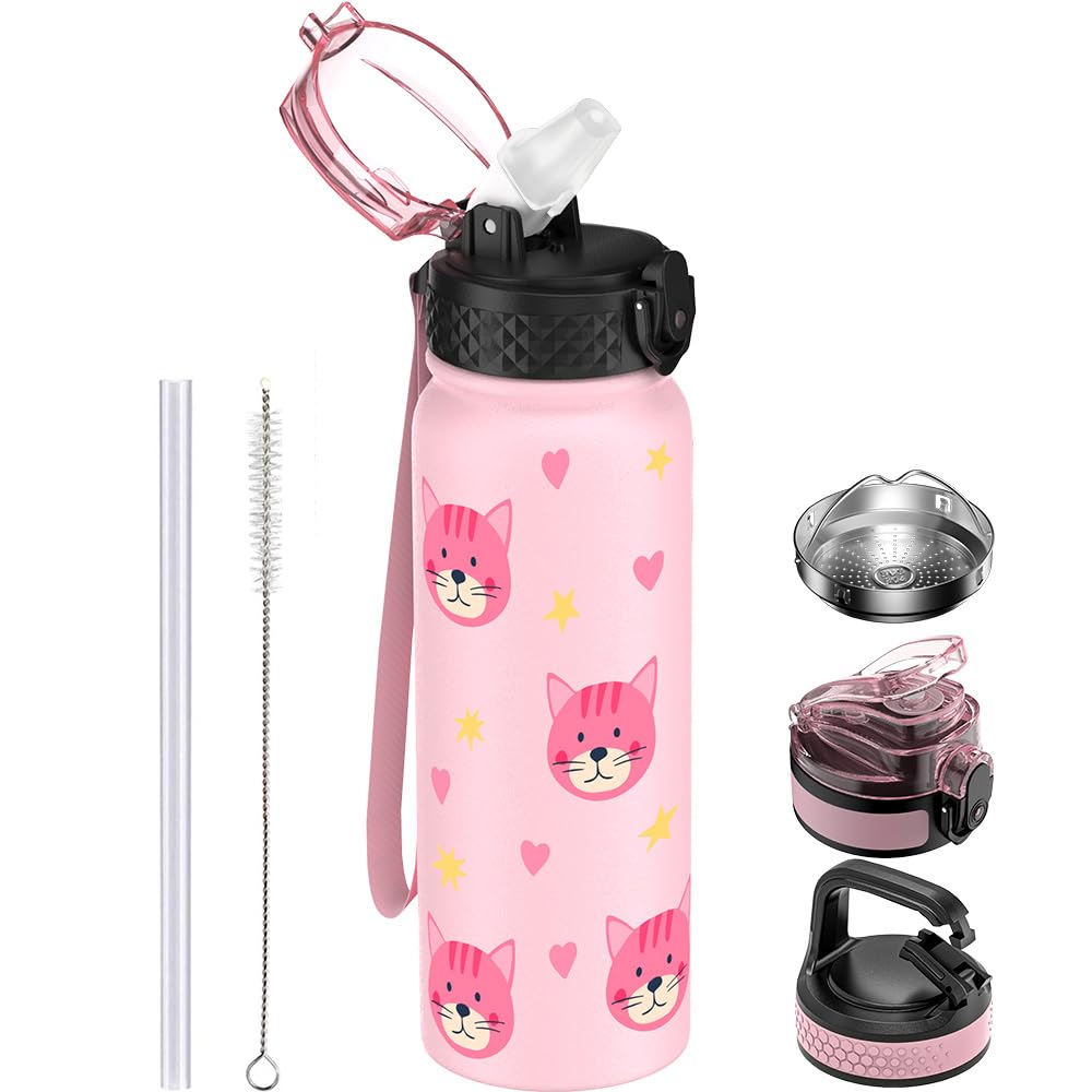 GOPPUS 600ml/20oz Stainless Water Bottle with Straw Double Wall Insulated Bottles with Strap One Hand Open Vacuum Thermal Flask Leakproof Keep Cold Bottles with Flip Top Lid BPA Free (Pink Cat) — image 1