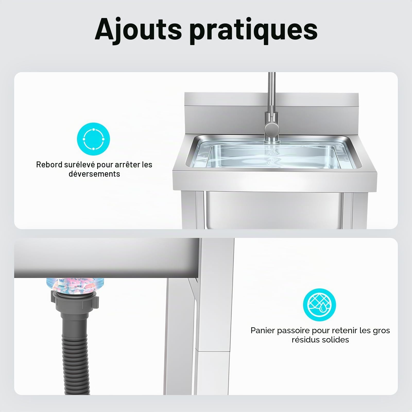 Évier Cuisine sur Pied Évier,Inox Autonome Professionnel avec Robinet Pivotant 360° Étagère et Dosseret Anti-Éclaboussures (50×50×93cm)