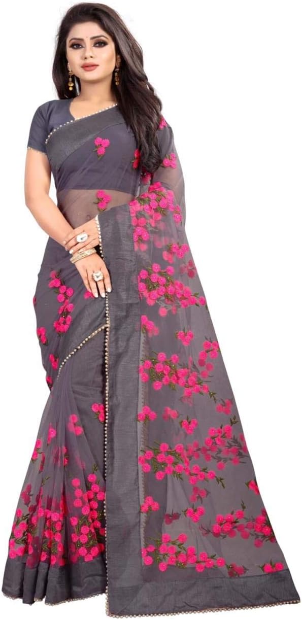 MOHIT CREATIONS Designer Net Saree with Embroidery Work (Grey)