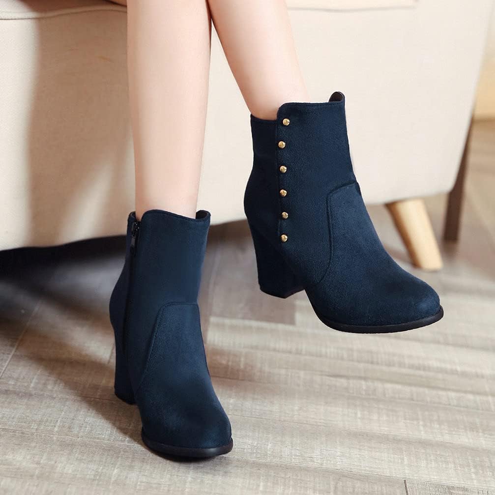 KOKOMOMO Womens Faux Suede High Heel Booties Round Toe Chunky Heel Ankle Boots with Zip Up