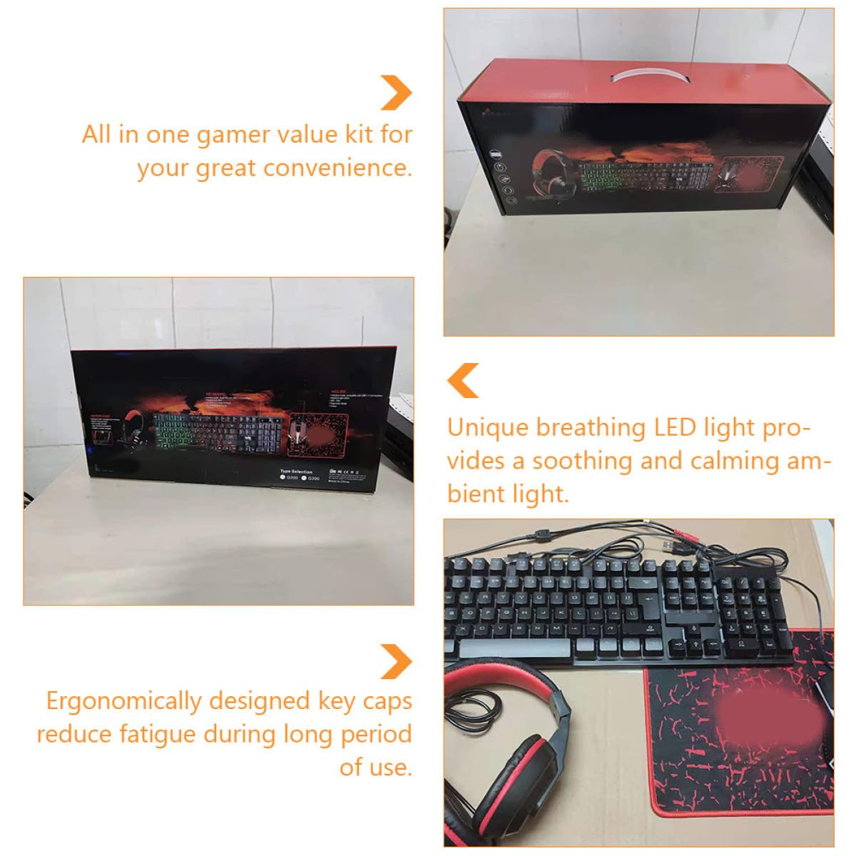 KOMBIUDA Juego Teclado y Ratón Gaming Cable, 104 Teclas Retroiluminadas, Auriculares y Alfombrilla Bordes Cosidos, Material Abs para Uso Gaming