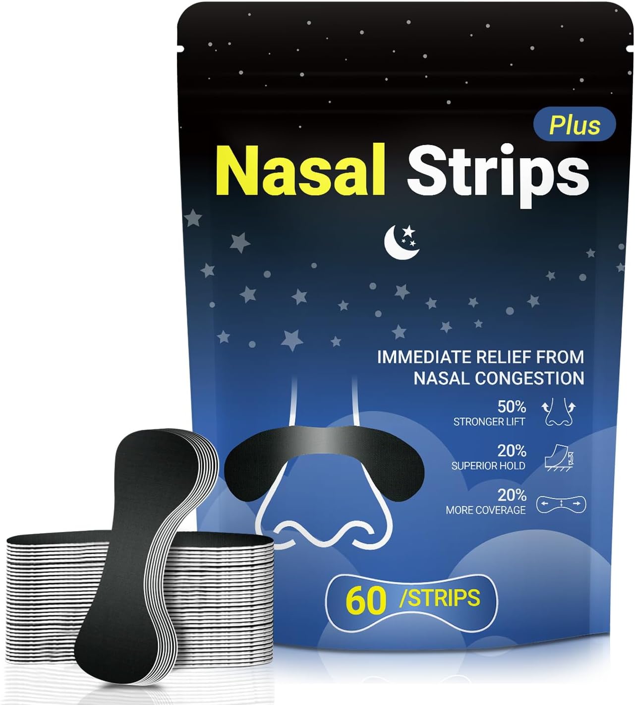 60ct Nasal Strips for Snoring,Extra Strength Nasal Strips for Breathing,Hypoallergenic Strong Nasal Strips Tape, Boost Oxygen Intake,Improve Sleep Quality,Latex Freee,Skin Safe Nasal Strips - Blue