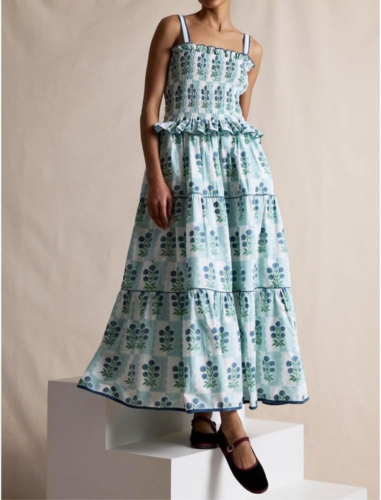 Women Floral Maxi Dress Sleeveless Smocked Ruffle Flowy Boho Sundress with Pockets Summer Vacation - Image 3