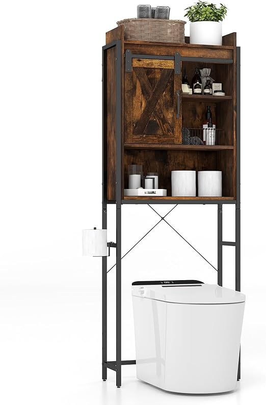 Tangkula Over-The-Toilet Storage Cabinet, Freestanding 4-Tier Bathroom Rack w/Adjustable Shelf & Sliding Barn Door, Multifunctional Bathroom Space Saver, 25 x 9.5 x 67.5 in (Rustic Brown)