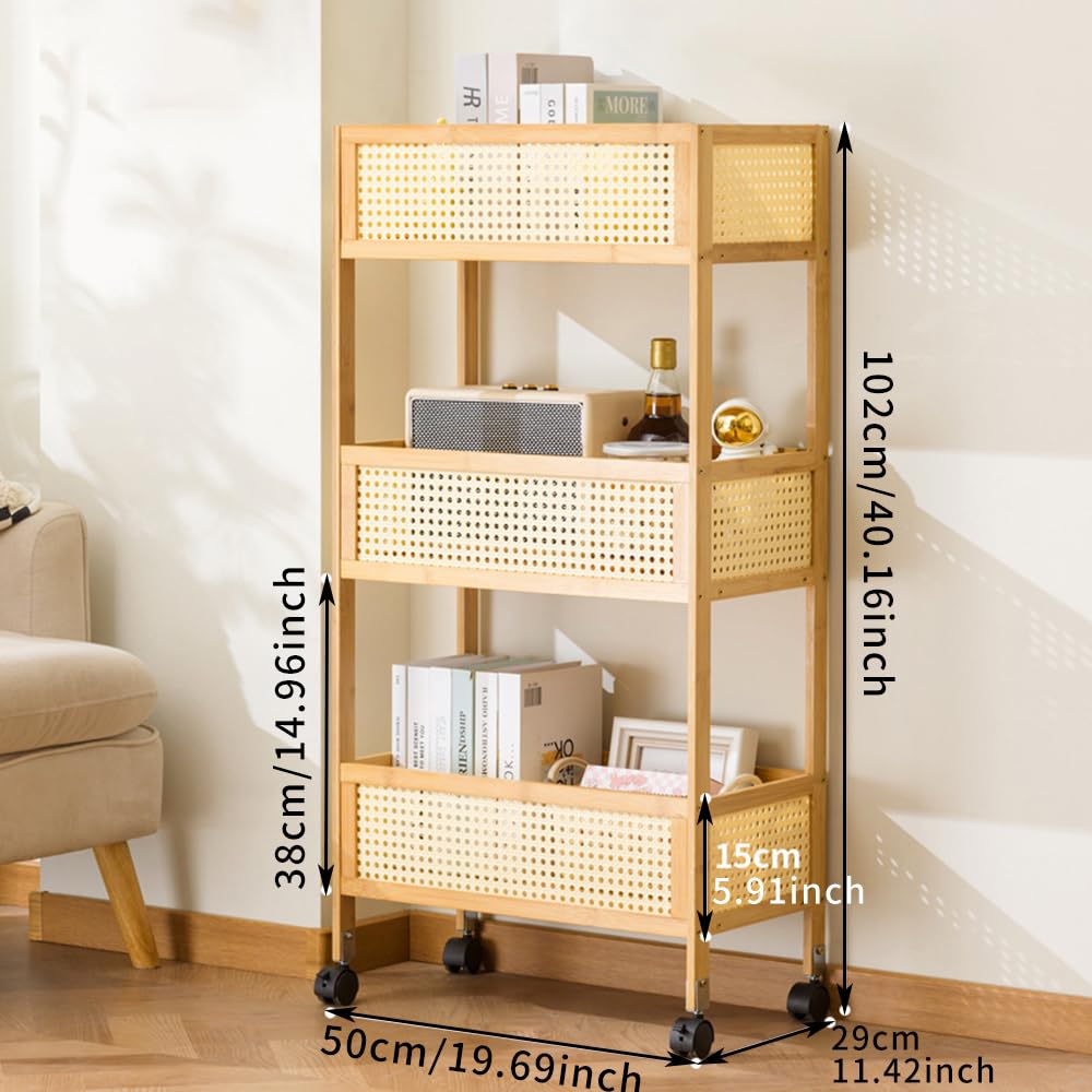 Carrello a 3 ripiani in bambù, robusto per bagno e ufficio, con ruote bloccabili, versatile scaffale per verdure e ripiano su ruote