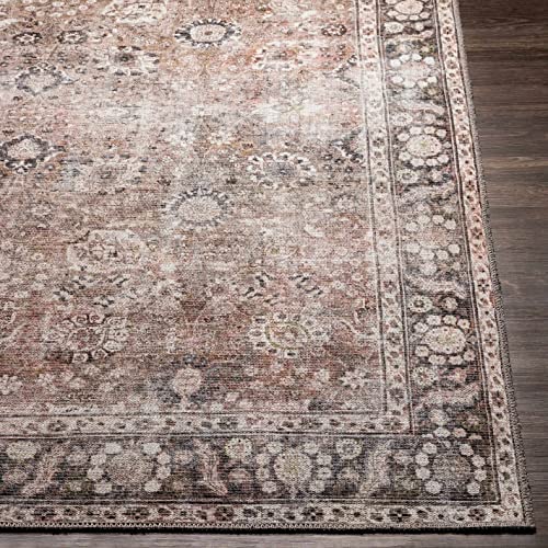 Hauteloom Ganyangan Machine Washable Living Room Kitchen Bedroom Large Area Rug - Vintage Distressed - Persian Oriental Floral Pattern - Bordered - Brown, Beige, Cream - 9'3" X 12' #TOP6