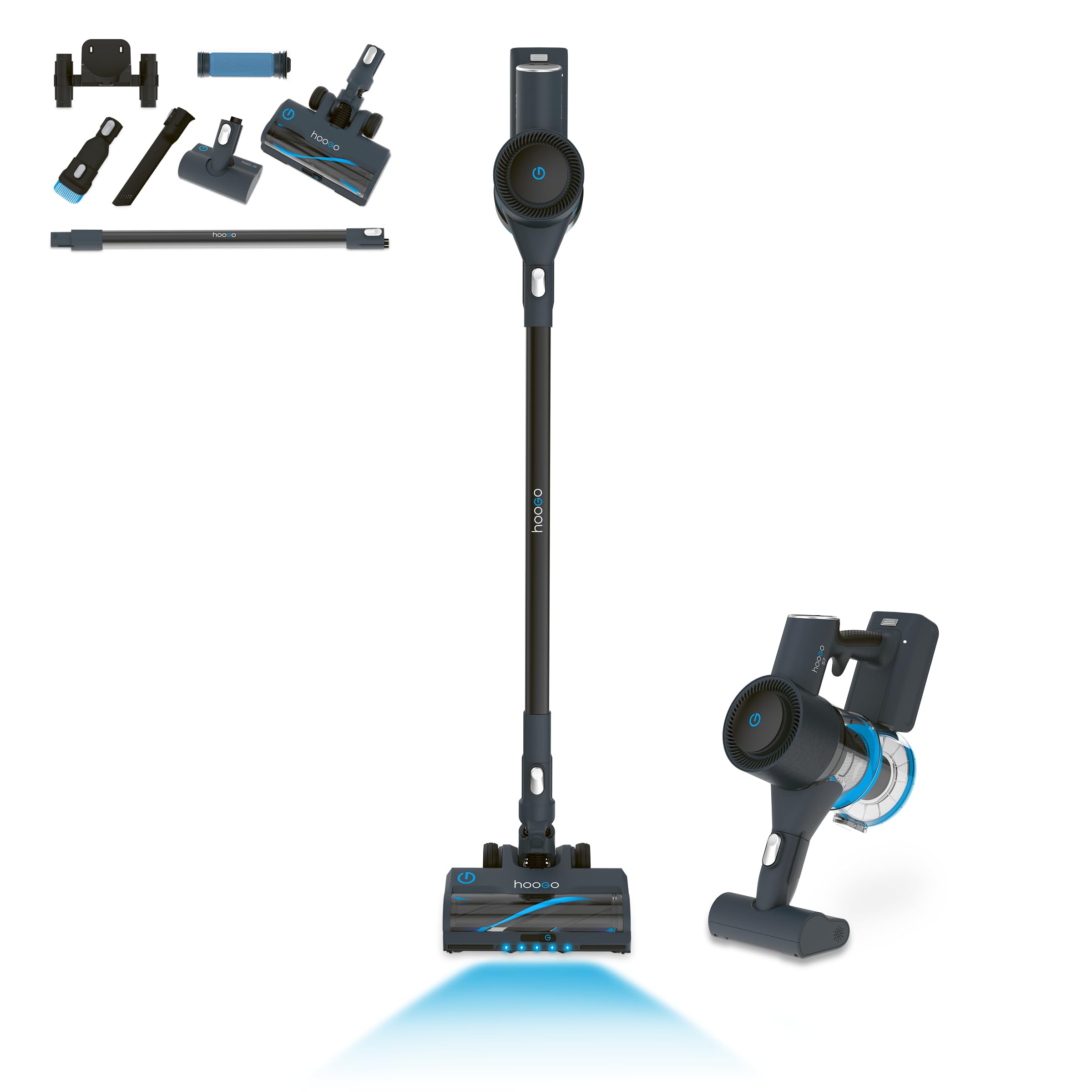 hoogo Akku-Staubsauger S7 | beutellos kabellos | Laufzeit 60 Min. | Handstaubsauger | 360° High-Performance-Elektrodüse | Tierhaare | Blaue LED-Beleuchtung | Qualität aus Deutschland
