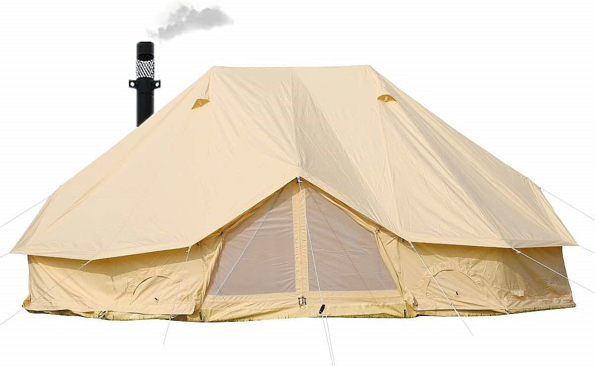 UNISTRENGH Luxury Cotton Canvas 6x4m Emperor Tent Waterproof Twin Poles Bell Tent with Stove Jack Hole for 8-12 People Family Camping Hiking Party