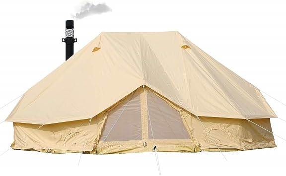 Luxury Cotton Canvas 6x4m Emperor Tent Waterproof Twin Poles Bell Tent with Stove Jack Hole for 8-12 People Family Camping Hiking Party