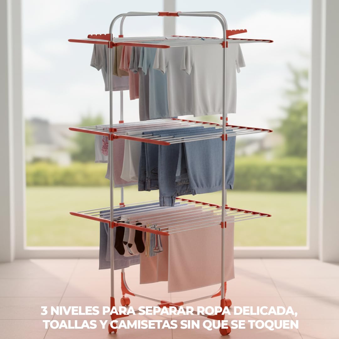 Tendedero Vertical Plegable 30M 3 Niveles con Ruedas 69.5×69.5×141.5cm - Tendedero de Pie Plegable de Aluminio para Interior y Exterior - Tenderetes de Ropa Plegables Ahorra Espacio