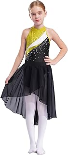 Eandarui Vestido de danza para niña, bailarinas, disfraz de estrás brillante, con falda de gasa asimétrica, cinta para el pelo, 3 piezas