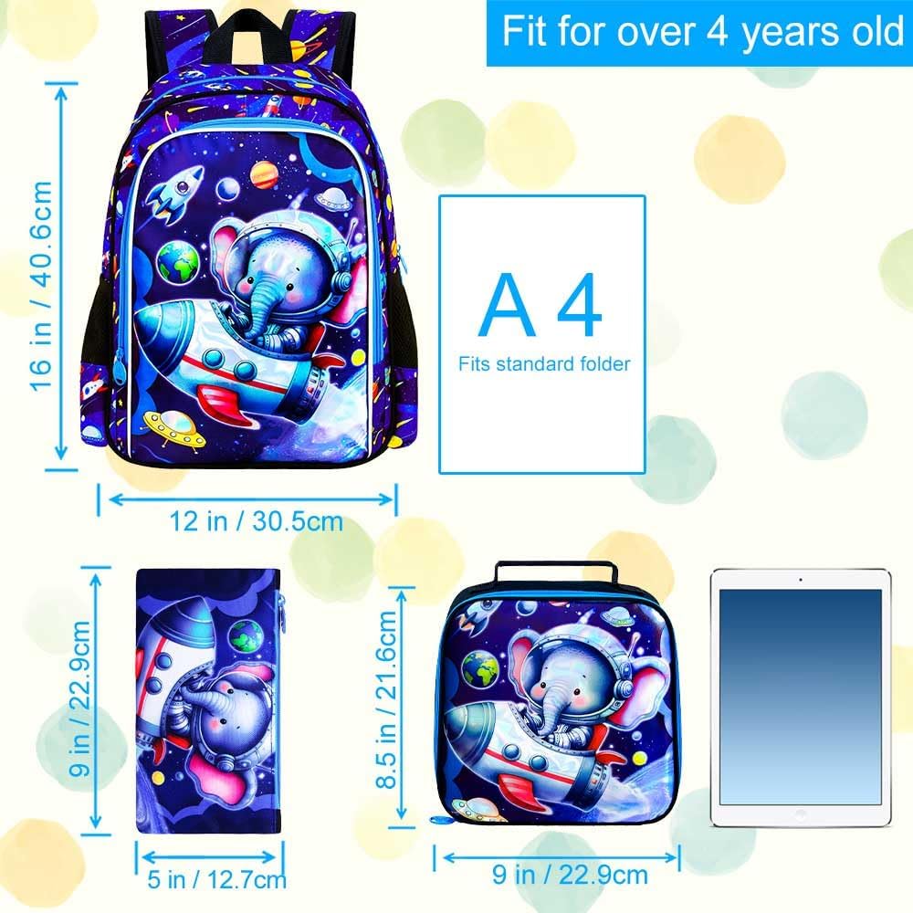 KLFVB 3PCS Boys Elephant Backpack, Water Resistant Kids Space Bookbag with Lunch Box, 16" Preschool Backpacks for Elementary - Rocket Elephant - Image 4