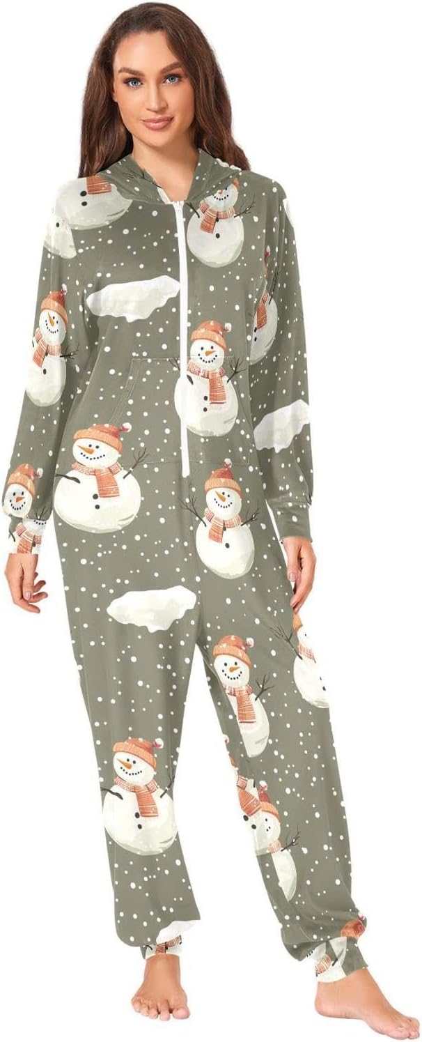 ZZKKO Winter Snowy Snowman Adult Onesie Pajamas for Women Men Cozy One Piece Pajamas Costume Zip-Up Hooded S-XL