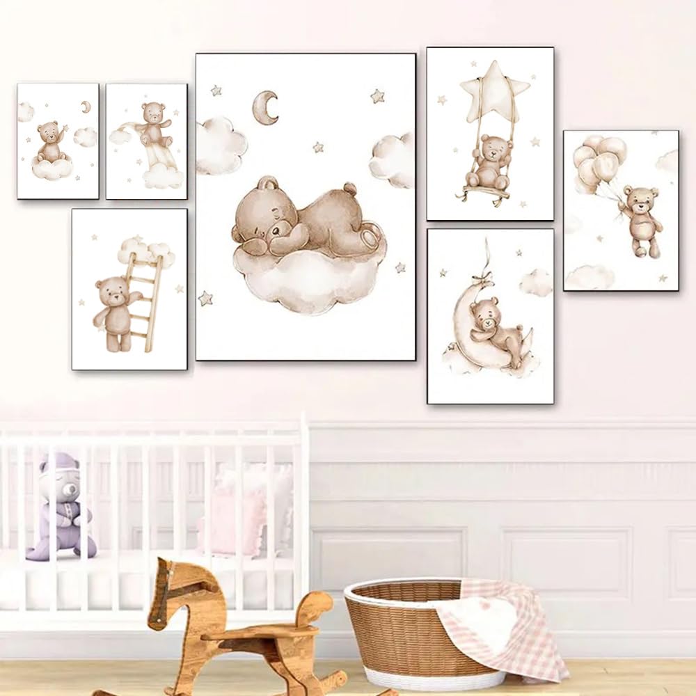 4 Affiches Chambre Bébé Ours - Posters Ourson Beige 21x30cm Pour Décoration Murale Enfant Garçon