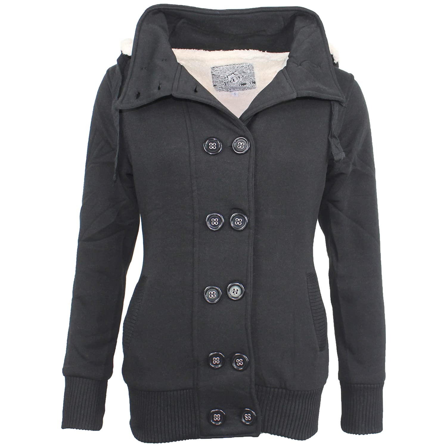 Damen Jacke Mantel Doppelreiher Winterjacke mit Kapuze Dufflejacke Dufflecoat Blazer gefüttert Trenchcoat in Schwarz und Grau