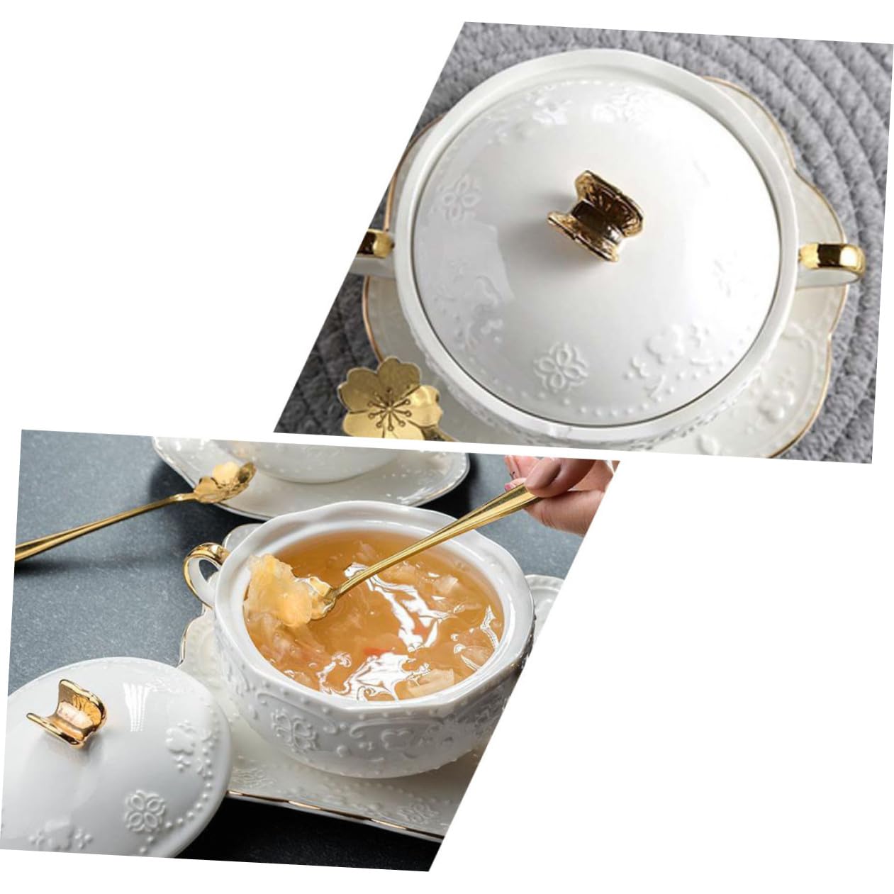 Cuenco de Cerámica Blanco de 3 Piezas con Tapa y Cuchara