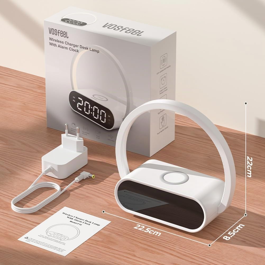 Comodino Lampada con Ricarica Wireless 15W, Sveglia Digitale Doppia Alarme, 3 Regolazioni Luminosità Touch Control, Luce LED per Camera da Letto, Ufficio