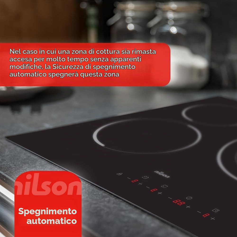 Nilson Placa de Inducción Cristal negro NI3600. Potencia máx. 7200 W, 3 Zonas de Cocción, 1-9 Niveles de Cocción, Control Táctil, Función Turbo, Bloqueo y Autodesconexión de Seguridad