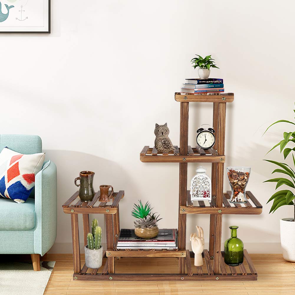 Ejoyous Blumenregal Blumentreppe Holz mit Pflanzenregal, 5-schichtiger Blumenständer aus hochwertiger Kiefernholz für Innen-Balkon Wohzimmer Outdoor Garten Blumenständer