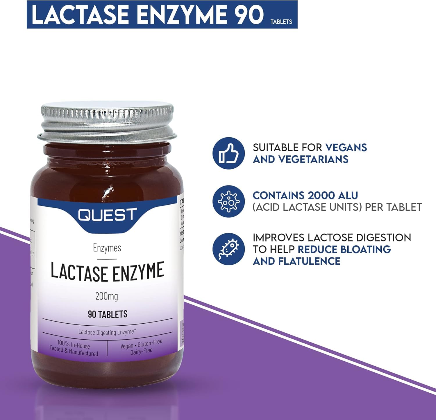 Quest Lactase Enzyme 200 mg Soulagement de l'intolérance au lactose. 2000 ALU Complément digestif pour prévenir les gaz, les ballonnements et la diarrhée. Produits laitiers, sans gluten et végétalien