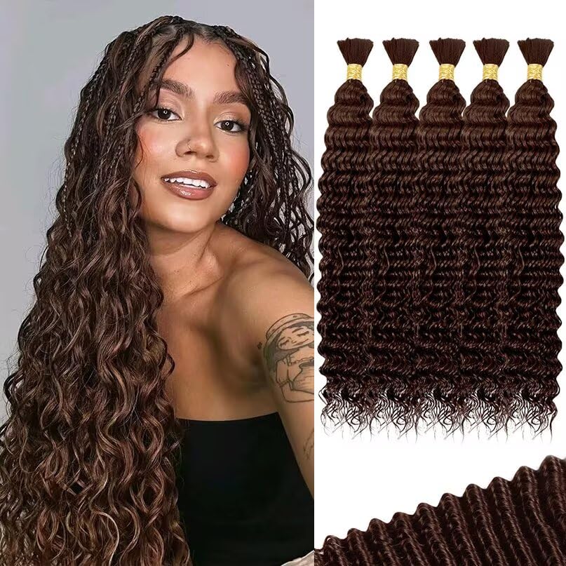 12A #4 Chocolate Brown Human Braiding Hair for Boho Braids 5 Bundles 22 Inch 160g Deep Wave Braiding Hair for Bohemian Knotless Braids 100% Unprocessed Virgin Bulk Hair Extensions No Weft