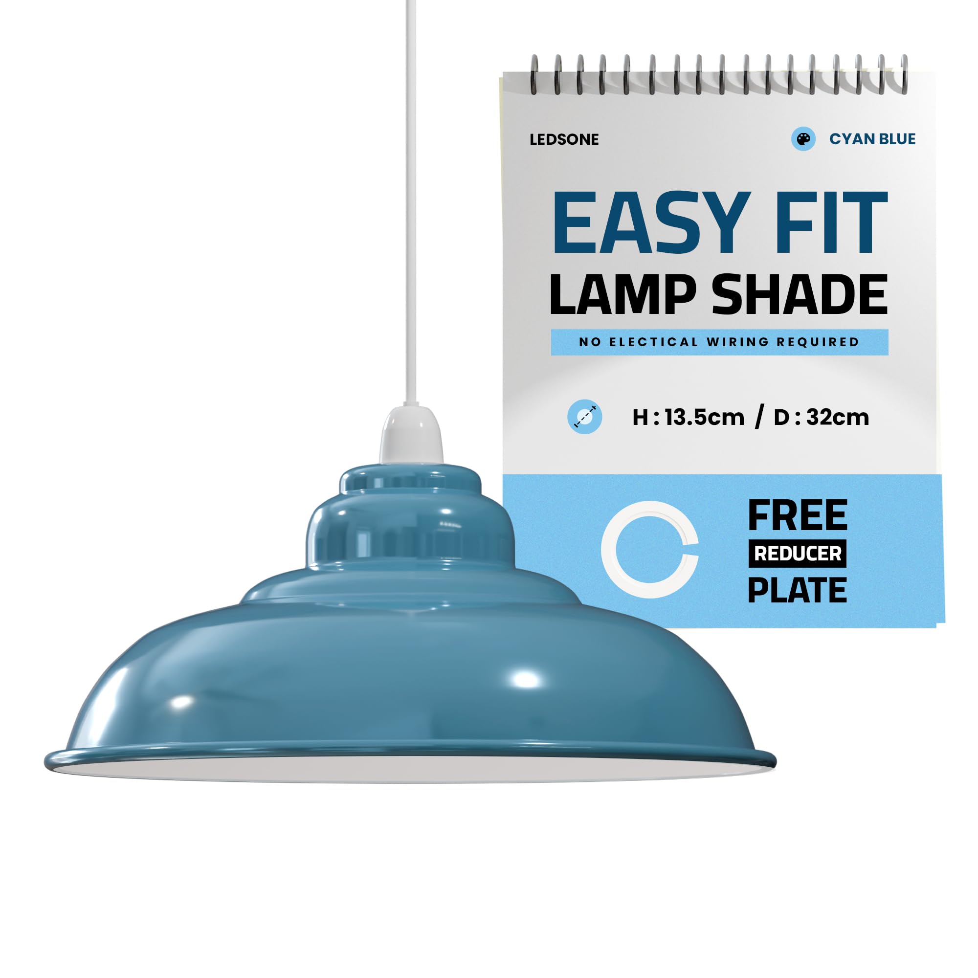 Cyan Blue Ceiling Light Shade with White Inner, 32cm Metal Lampshades for Ceiling Lights, Modern Easy Fit Pendant Lamp Shades for Replacement Lamps, Living Room, Bedroom, Kitchen, Hallway, Home Décor