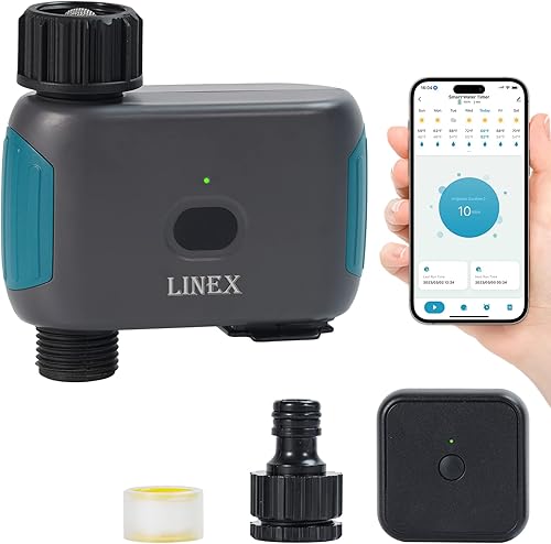 LINEX Temporizador de agua inteligente WiFi para manguera de jardín, temporizador de riego de aspersor con concentrador, compatible con Alexa y