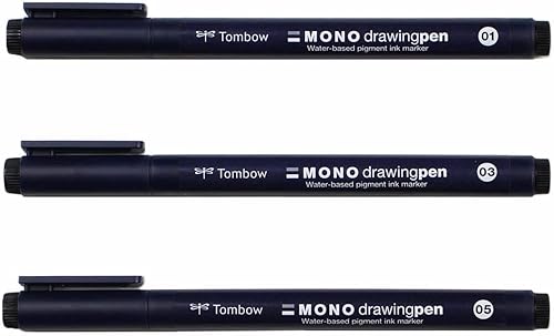 Miniatura 2 de Tombow 66403 Bolígrafo de dibujo MONO, paquete de 3. Crea dibujos precisos y detallados con tres tamaños de punta: 01, 03 y 05