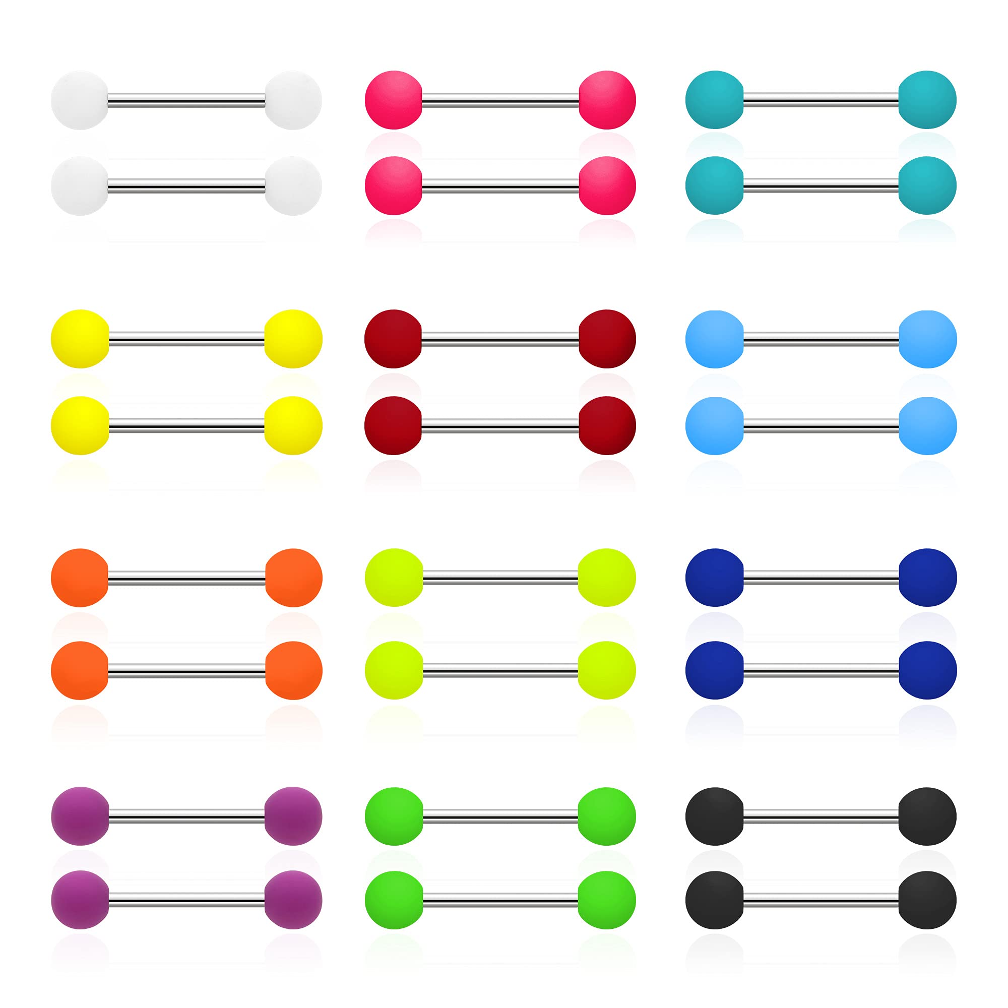 PiercingArt24PCS Acrylic Tongue Rings Plastic Rubber Nipple Rings Neon Colorful Pink White Green Yellow Black Orange Teal Matte Balls Sexy Barbell Piercing Jewelry For Women Men 14G