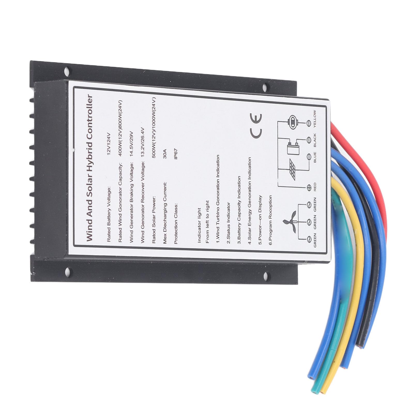 ViaGasaFamido Hybrydowy Kontroler Energii Wiatrowej, Regulator ładowania Turbiny Wiatrowej ze Stopu Aluminium 30 A dla Systemów 12 V 24 V, wodoodporność IP67, Wyświetlacz LED, ładowanie MCT do