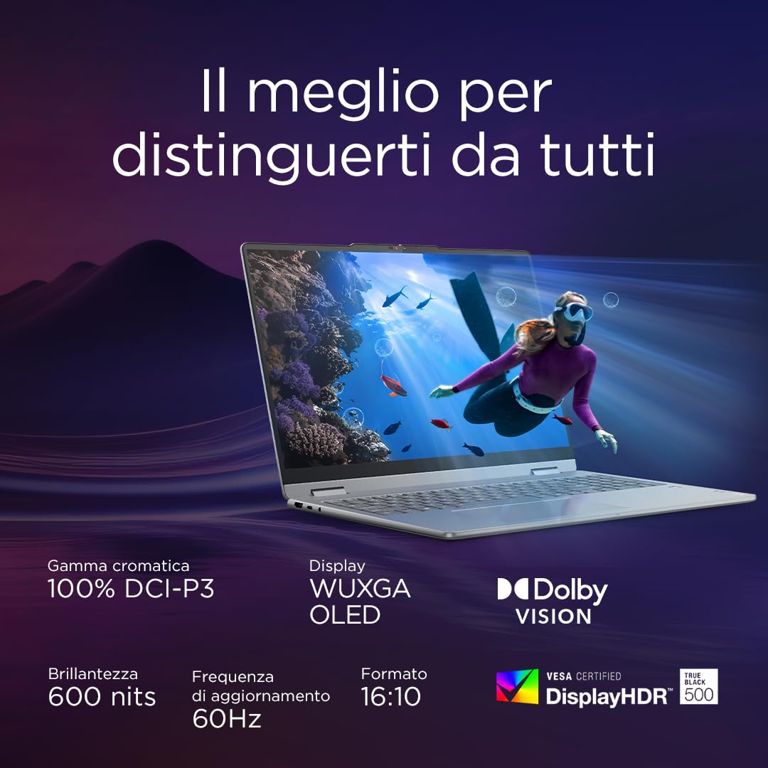 Lenovo Yoga 7 (2 in 1) Notebook Copilot+ PC Convertibile Touch 14” OLED WUXGA (1920x1200), Intel Core Ultra 5 226V, RAM 16 GB, 512 GB SSD, 60 Hz, Windows 11 Home, WiFi 7 - Luna Grey