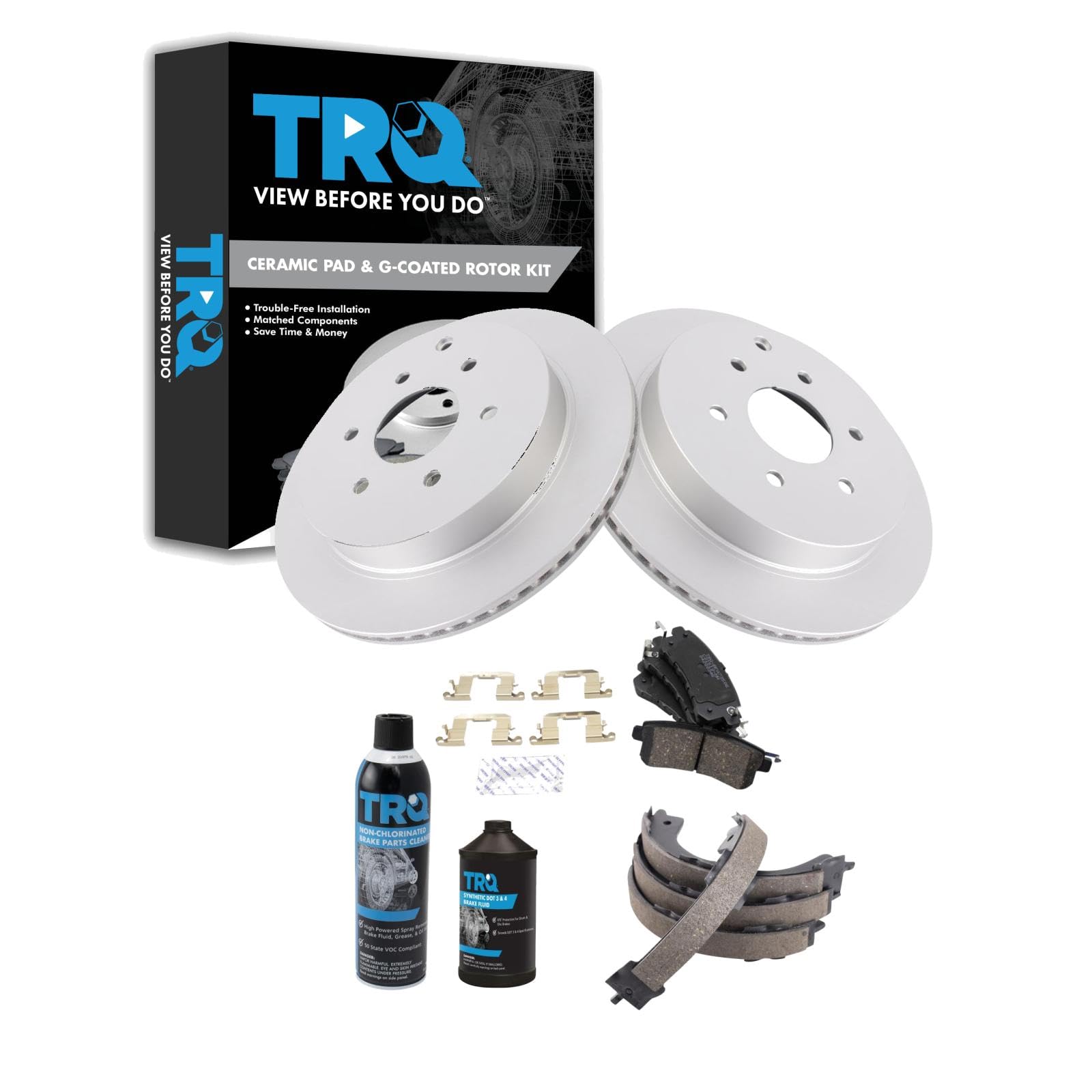TRQ Rear Brake Pad &amp; Rotor Kit, with Chemical Kit Parking Brake Shoe Set Ceramic Premium G-Coated Compatible with 2011-2013 Infiniti QX56 2014-2017 QX80 2017 Nissan Armada