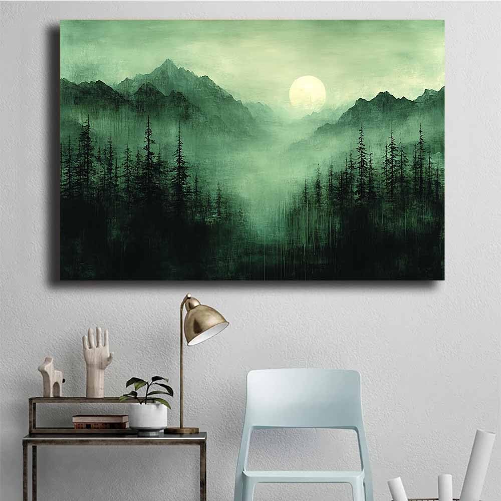 TERUEA Póster lienzo impreso con Árbol de la vida abstractas, Bosque Neblinoso Valle Lago Cuadros para Salon Foto con Lienzo Canvas Laminas Cuadro Dormitorio（Verde Oscuro-80x120cm1 Enmarcado