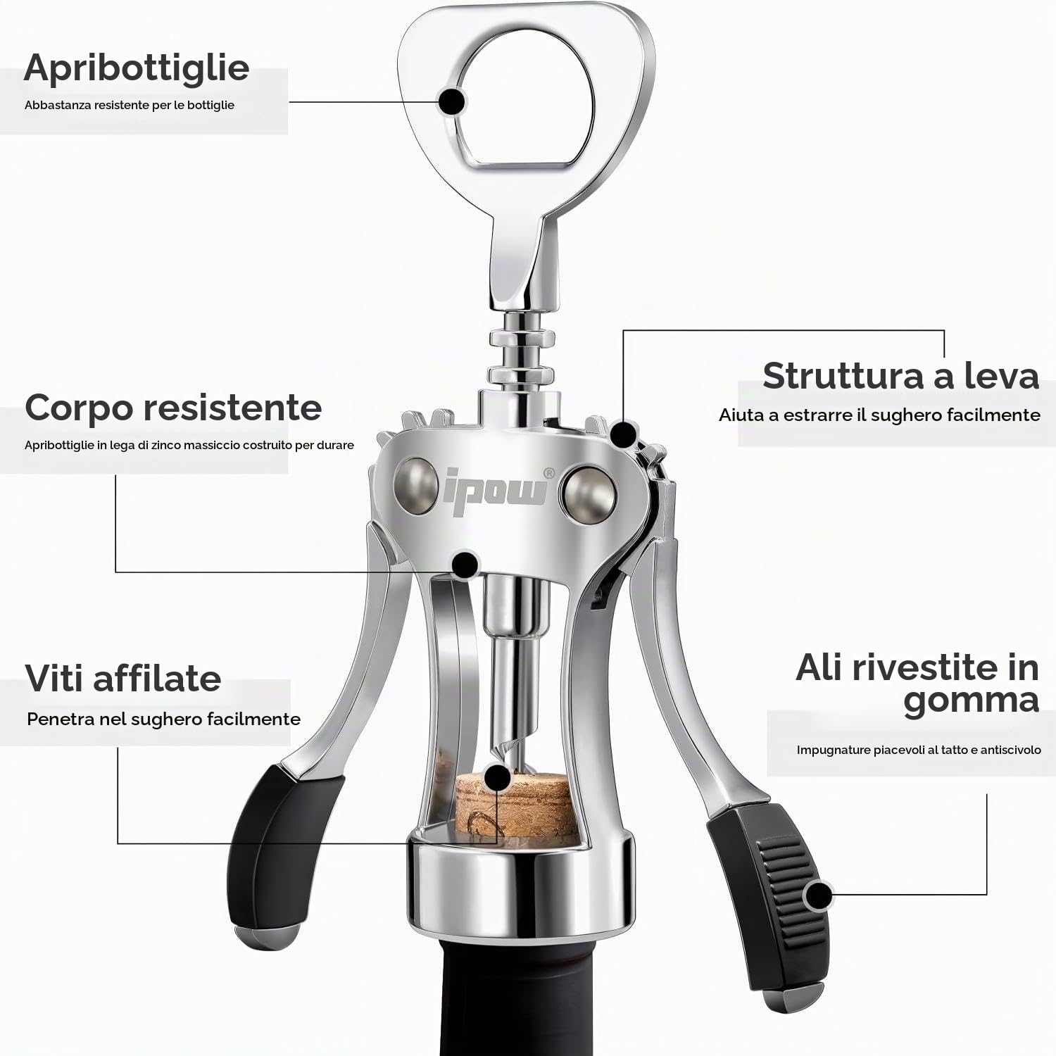 ipow, apribottiglie di vino in lega di zinco, vite ad ali pesanti, vite a sughero multifunzionale manuale per cameriere, argento