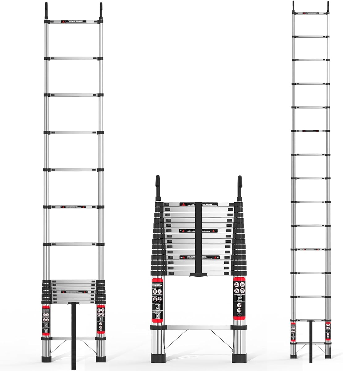Telescoping Extension Ladder, 14.5ft Stainless Steel With 2 Hooks, Anti-Slip Rubber Feet - Portable Heavy Duty 330lbs Capacity Multi-Purpose Collapsible for Outdoor Indoor