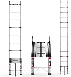 Échelle d'extension télescoping, 14.5ft Acier inoxydable avec 2 Crochets, pieds en caoutchouc antidérapant - Lourds portatifs 330lbs Capacité Multi-Purpose Collapsible pour l'intérieur extérieur