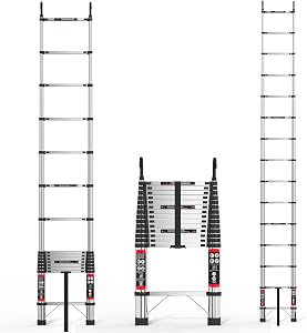 Telescoping Extension Ladder, 14.5ft Stainless Steel With 2 Hooks, Anti-Slip Rubber Feet - Portable Heavy Duty 330lbs Capacity Multi-Purpose Collapsible for Outdoor Indoor