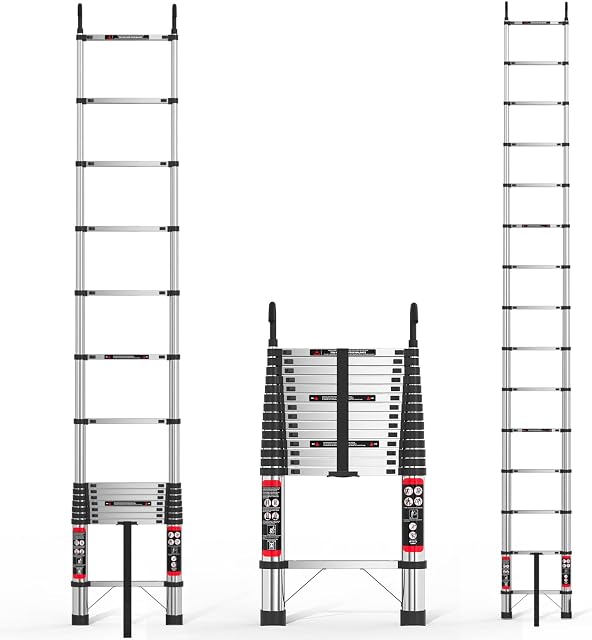 Échelle d'extension télescoping, 14.5ft Acier inoxydable avec 2 Crochets, pieds en caoutchouc antidérapant - Lourds portatifs 330lbs Capacité Multi-Purpose Collapsible pour l'intérieur extérieur