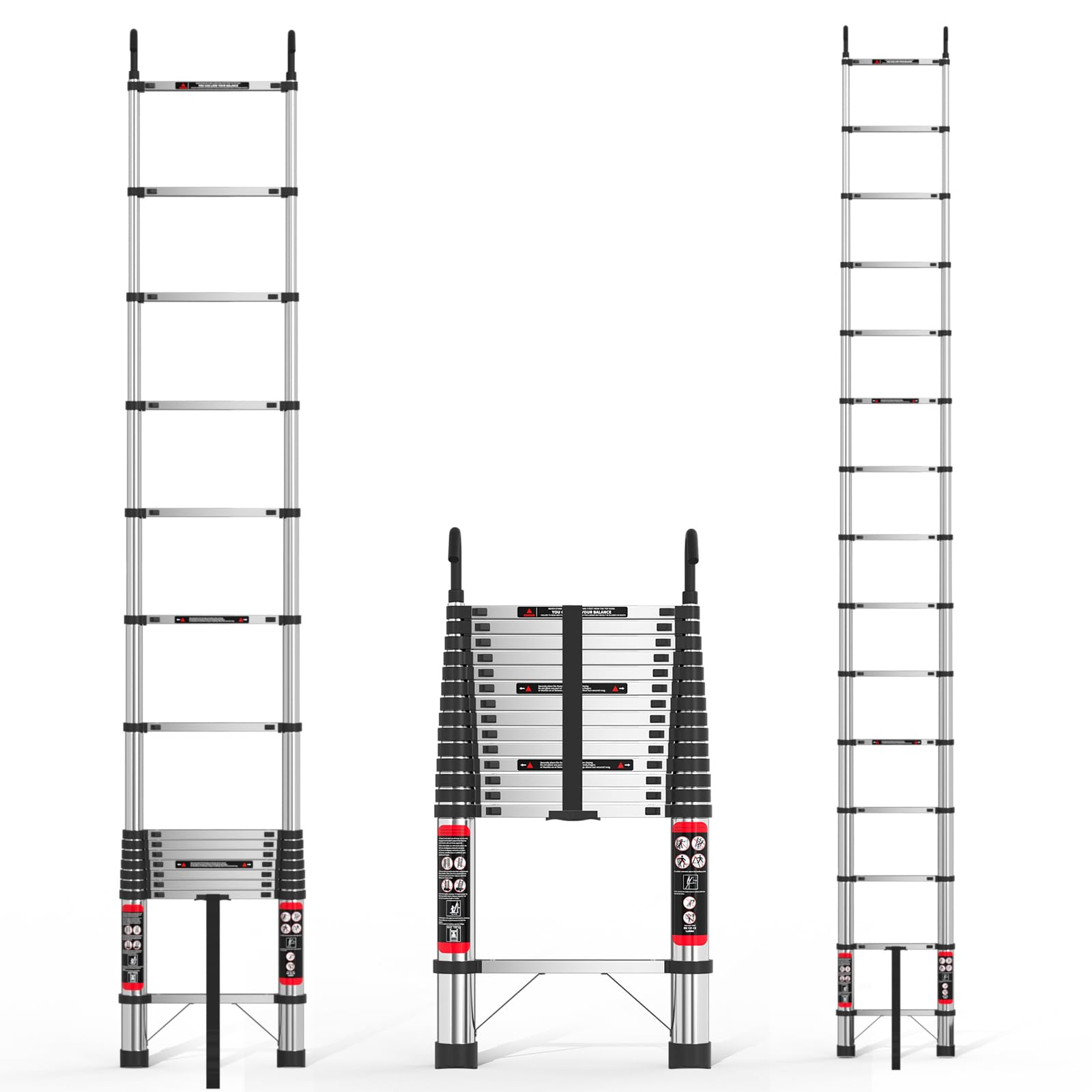 Telescoping Extension Ladder, 14.5ft Stainless Steel With 2 Hooks, Anti-Slip Rubber Feet - Portable Heavy Duty 330lbs Capacity Multi-Purpose Collapsible for Outdoor Indoor