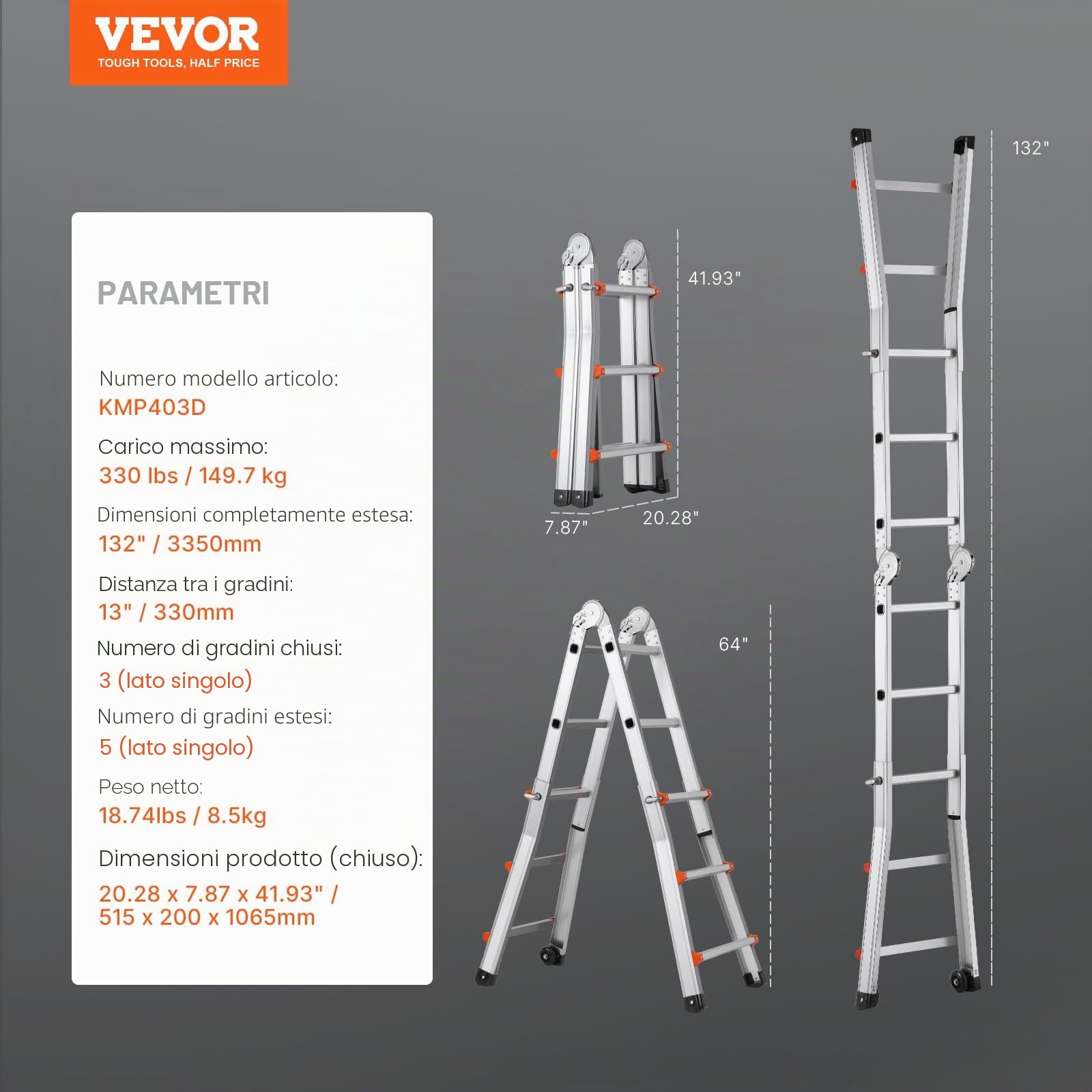 VEVOR Scala Telescopica con Telaio ad A 3350 mm Scala Estensibile Compatta in Alluminio, Scala Pieghevole Portatile Multifunzione per Camper, Scala Telescopica per Compiti, Capacità di Carico 149,7 kg