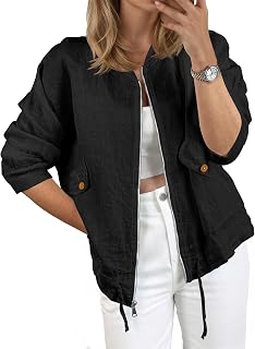 Tankaneo Womens Lightweight Linen Bomber Jackets Summer Cotton Zip Up Coat | Spring Fall Outfits, Drawstring, Stand Collar, Long Sleeve, Texture, Pockets, Outdoor, Beach, Daily wear