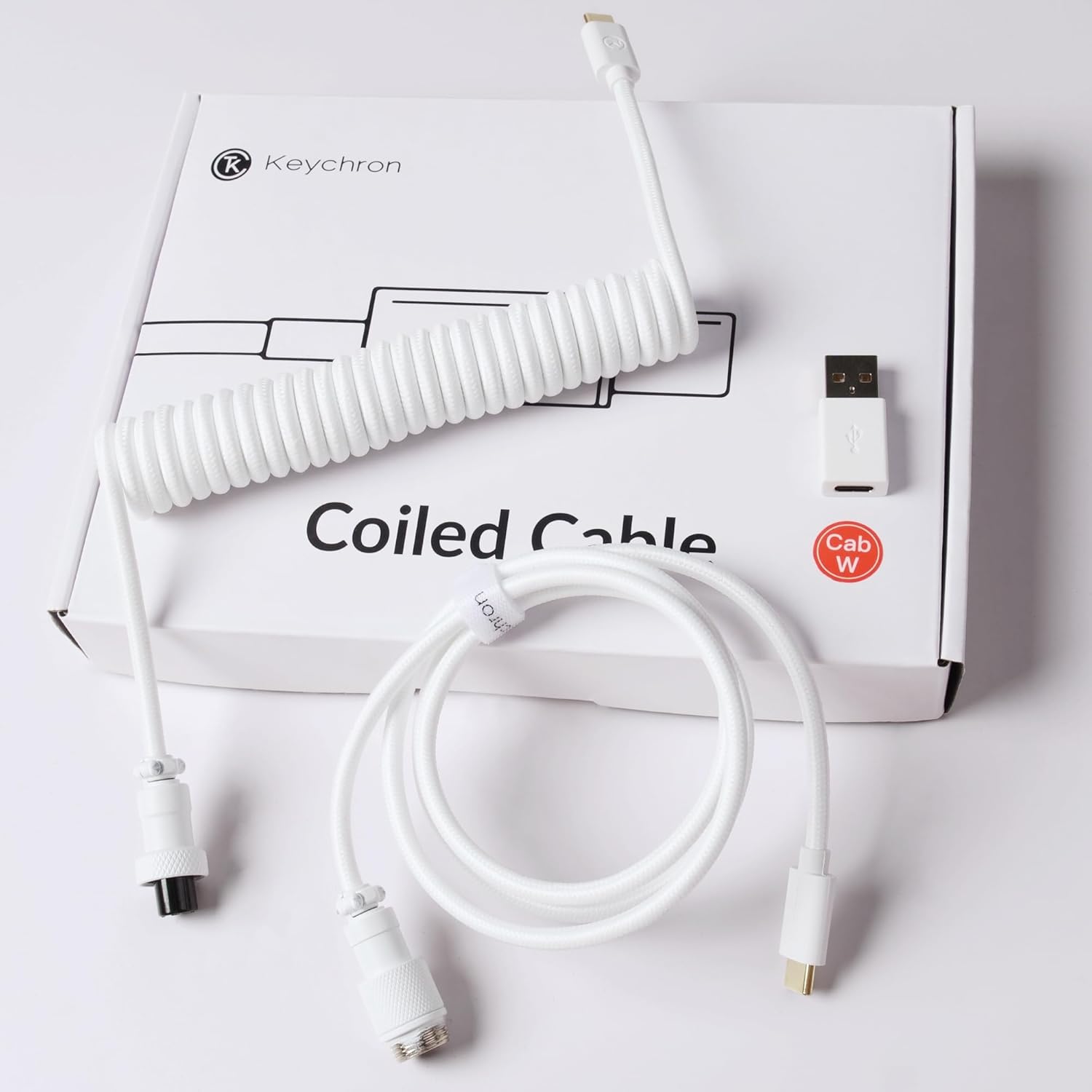 Keychron Custom Coiled Aviator USB-C Cable, White, 5-Pin (GX12) Detachable Metal Connector, USB-A Adapter, Durable Braided Cable for Mechanical Keyboards, Charging & Data Transfer