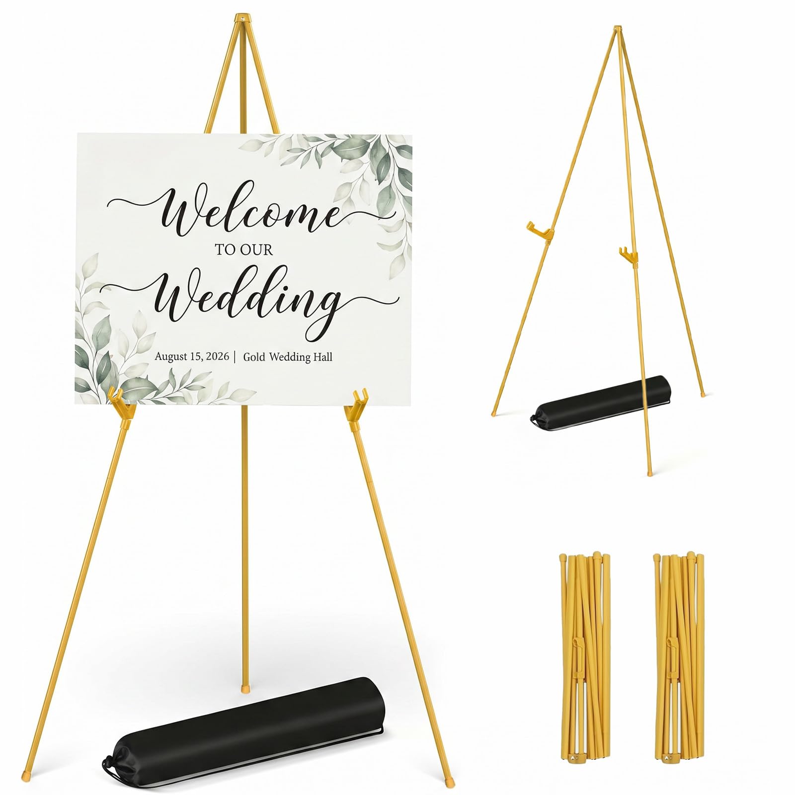 2 Pack Easel Stand for Wedding Sign, Portable Folding Metal Easels for Display, 66" Adjustable Height Art Canvas Stand with Storage Bag, Welcome Signs, Posters & Events (Gold)