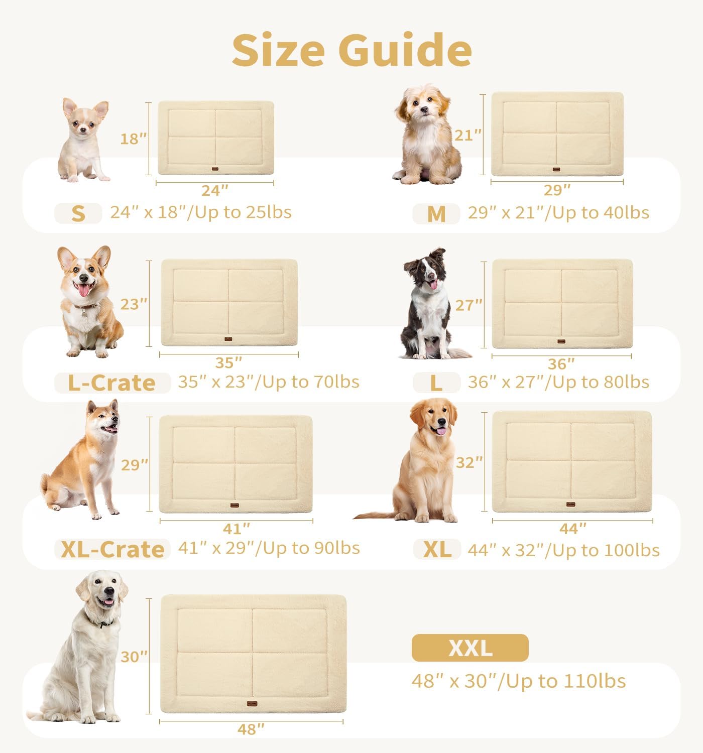 MADE 4 PETS Dog Crate Pad Bed for Extra Large Dogs, Washable & Reversible, Anti-Slip Kennel Mat for Cozy Sleeping, Soft Fluffy Dog Bed for Indoor & Outdoor Use, 48"x30", Beige
