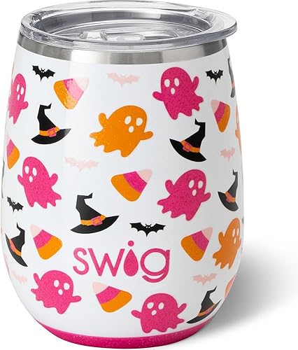 Swig Life Vaso de vino aislado de 14 onzas con tapa, impresiones discontinuas, apto para lavavajillas, capacidad para 2 vasos, copa de vino de acero