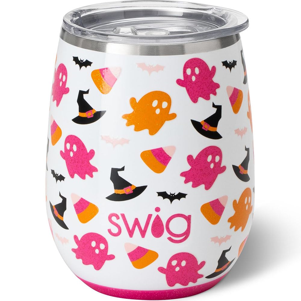 Swig Life 14oz Insulated Wine Tumbler with Lid | 40+ Pattern Options | Dishwasher Safe, Holds 2 Glasses, Stainless Steel Outdoor Wine Glass (Hey Boo)