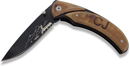 Miniatura 3 de Cuchillo de bolsillo para regalo de pescador, mango de madera o cuchillo de rescate, grabado con láser con texto personalizado