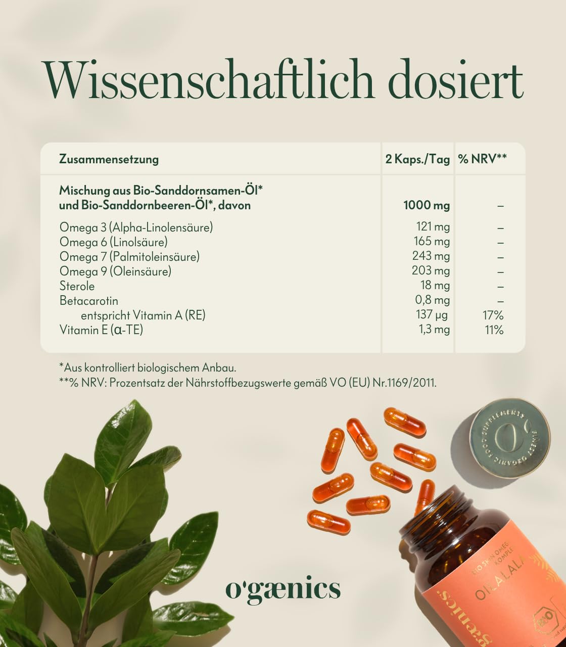 Ogaenics Oilalala Bio Skin Omega-Komplex aus Sanddorn – Veganes Omega 3-6-7-9 mit Vitamin A und E für trockene Haut und Schleimhäute, 60 Kapseln, Made in Germany
