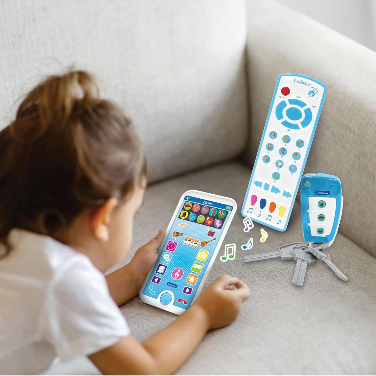 Lexibook, Coffret éducatif et Musical avec téléphone, télécommande et Porte-clés, Jeu d'imitation pour Les Tout-Petits, Explore Les Animaux, Instruments de Musique et Objets du Quotidien, PS125